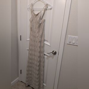 Pinkblush Beige Crochet Knit Back Cutout Maternity Maxi Dress